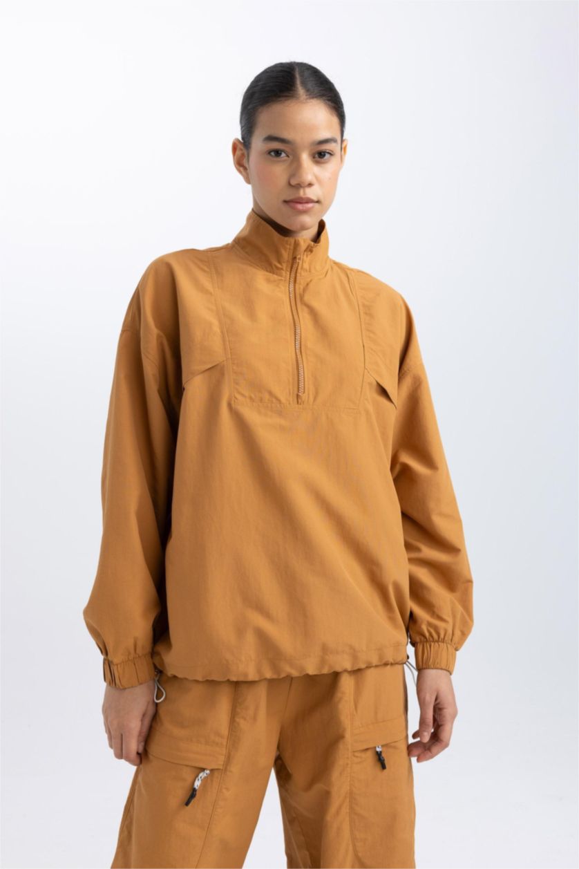 Kadın Camel Oversize Geniş Kalıp Dik Yaka Dokuma Sporcu Hırka