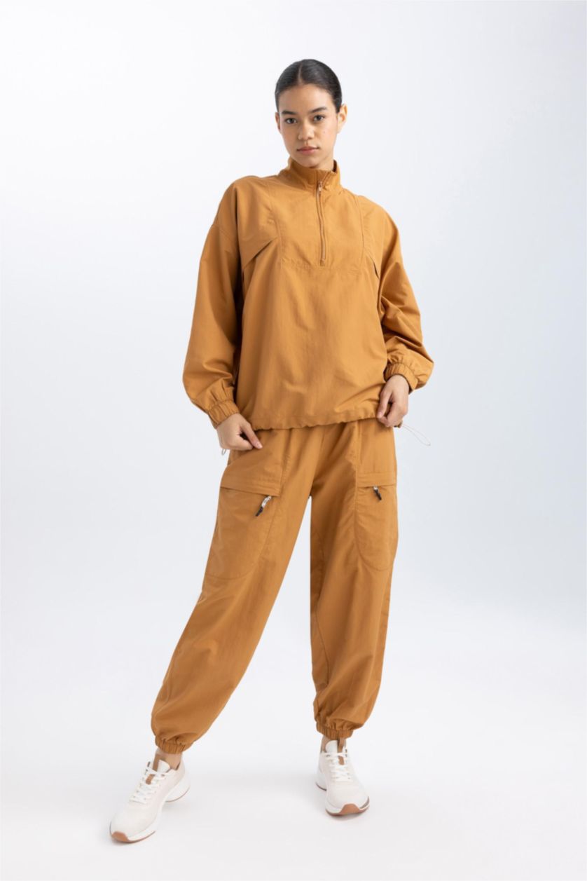 Kadın Camel Oversize Geniş Kalıp Dik Yaka Dokuma Sporcu Hırka