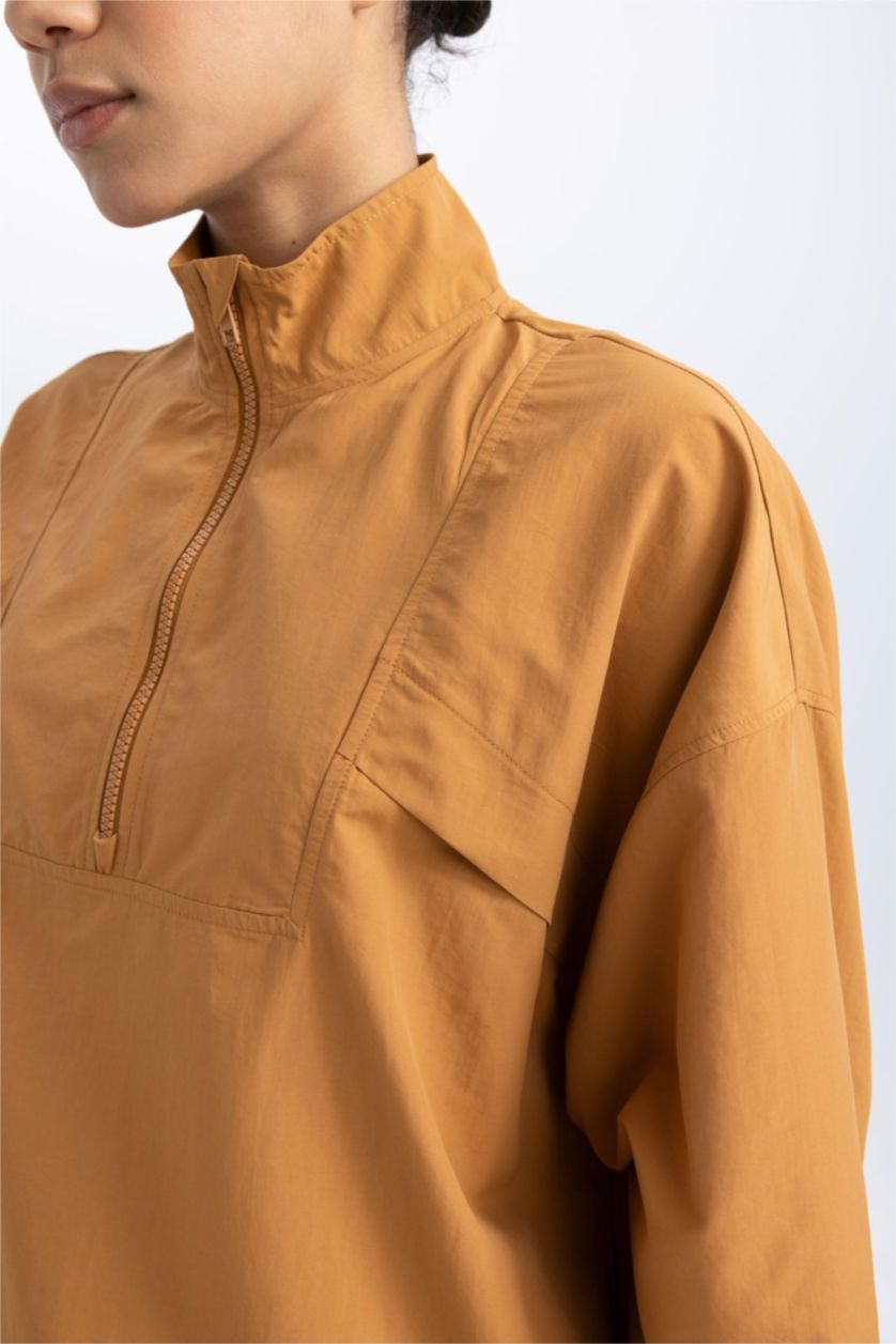 Kadın Camel Oversize Geniş Kalıp Dik Yaka Dokuma Sporcu Hırka