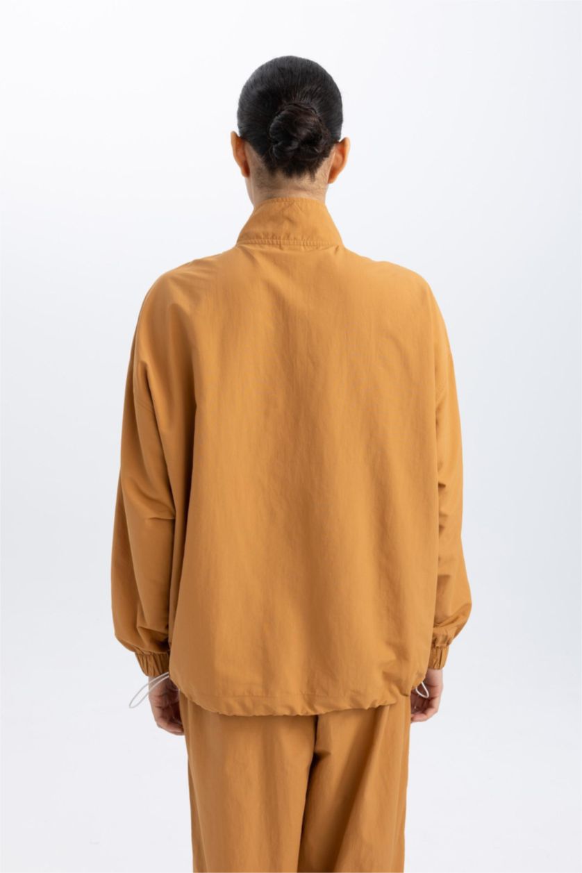Kadın Camel Oversize Geniş Kalıp Dik Yaka Dokuma Sporcu Hırka