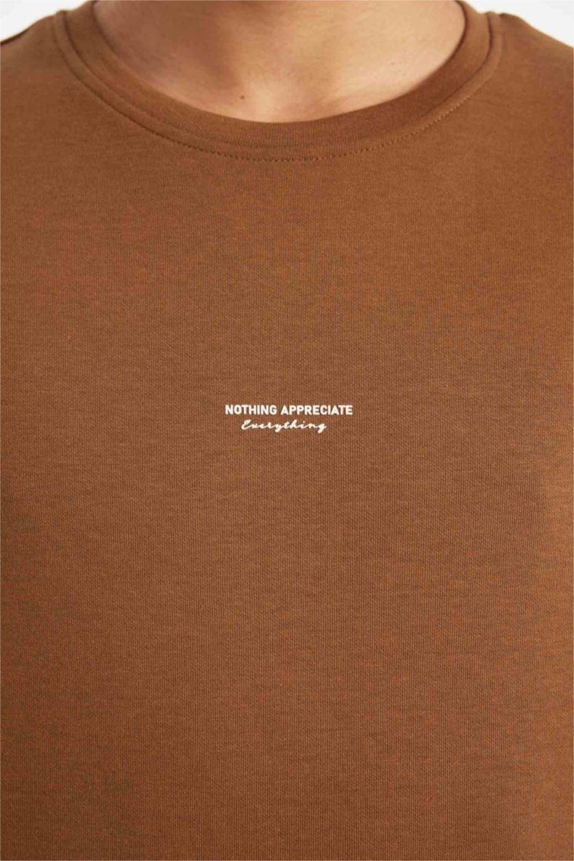 رجالي بني تيشيرت تقيل قصة عادية برقبة مستديرة