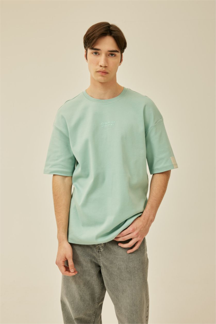 Erkek Mint Comfort Regular Fit Rahat Kalıp Bisiklet Yaka Baskılı Kısa Kollu Ağır Kumaş Tişört