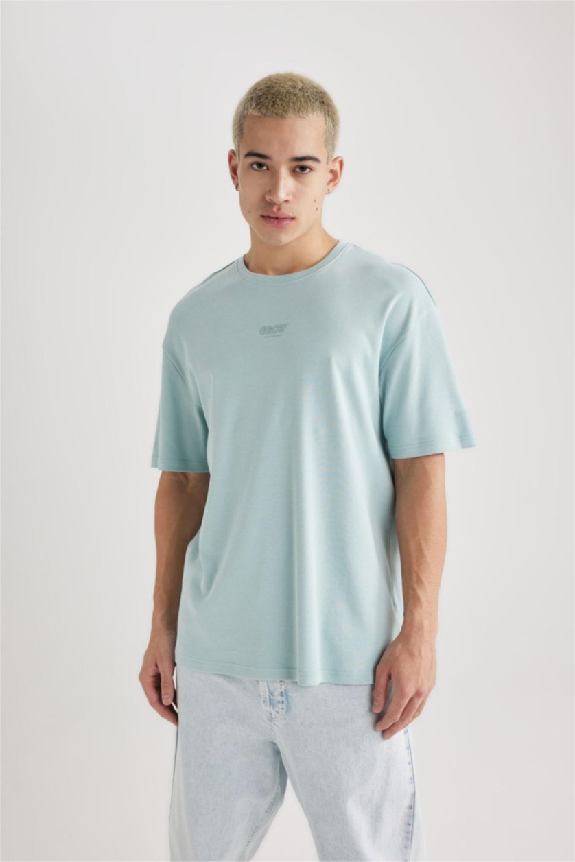 Erkek Mint Comfort Regular Fit Rahat Kalıp Bisiklet Yaka Baskılı Kısa Kollu Ağır Kumaş Tişört