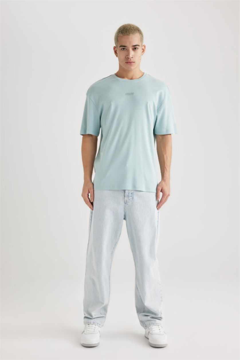 Erkek Mint Comfort Regular Fit Rahat Kalıp Bisiklet Yaka Baskılı Kısa Kollu Ağır Kumaş Tişört