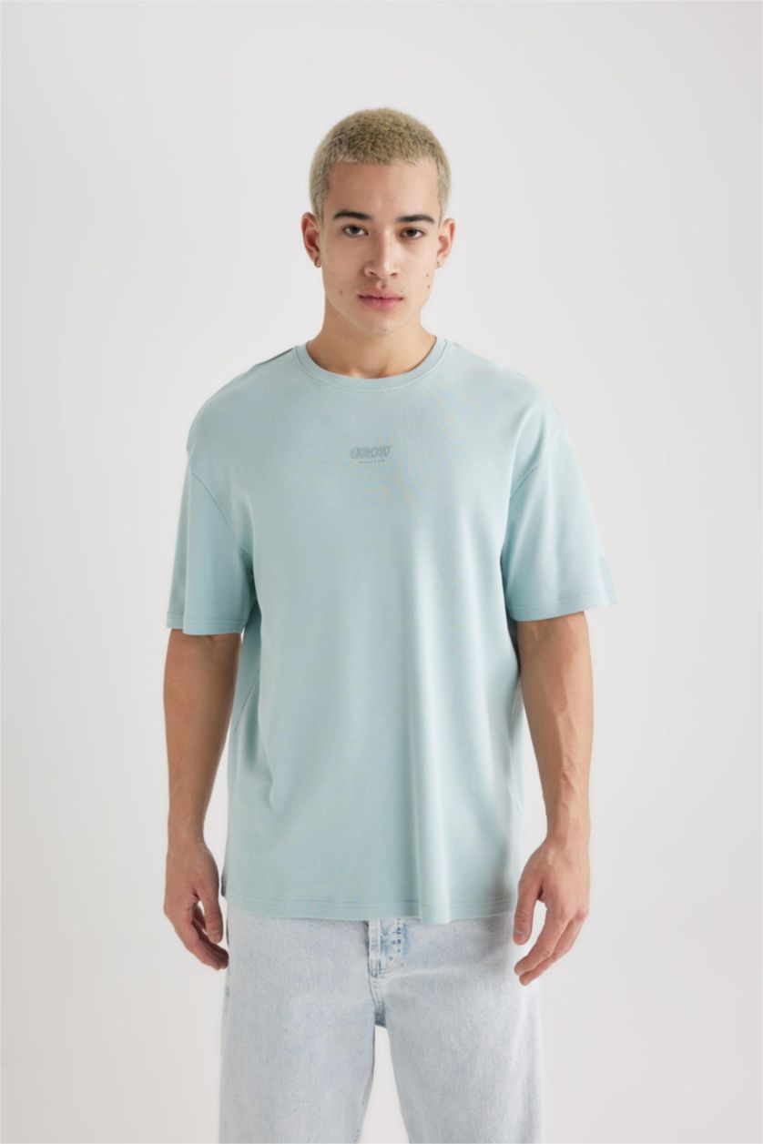 Erkek Mint Comfort Regular Fit Rahat Kalıp Bisiklet Yaka Baskılı Kısa Kollu Ağır Kumaş Tişört