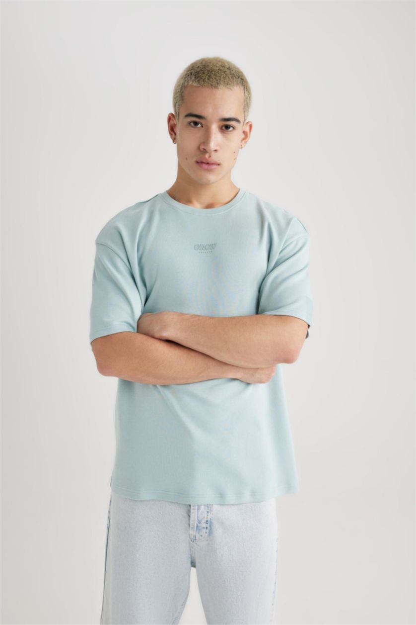 Erkek Mint Comfort Regular Fit Rahat Kalıp Bisiklet Yaka Baskılı Kısa Kollu Ağır Kumaş Tişört