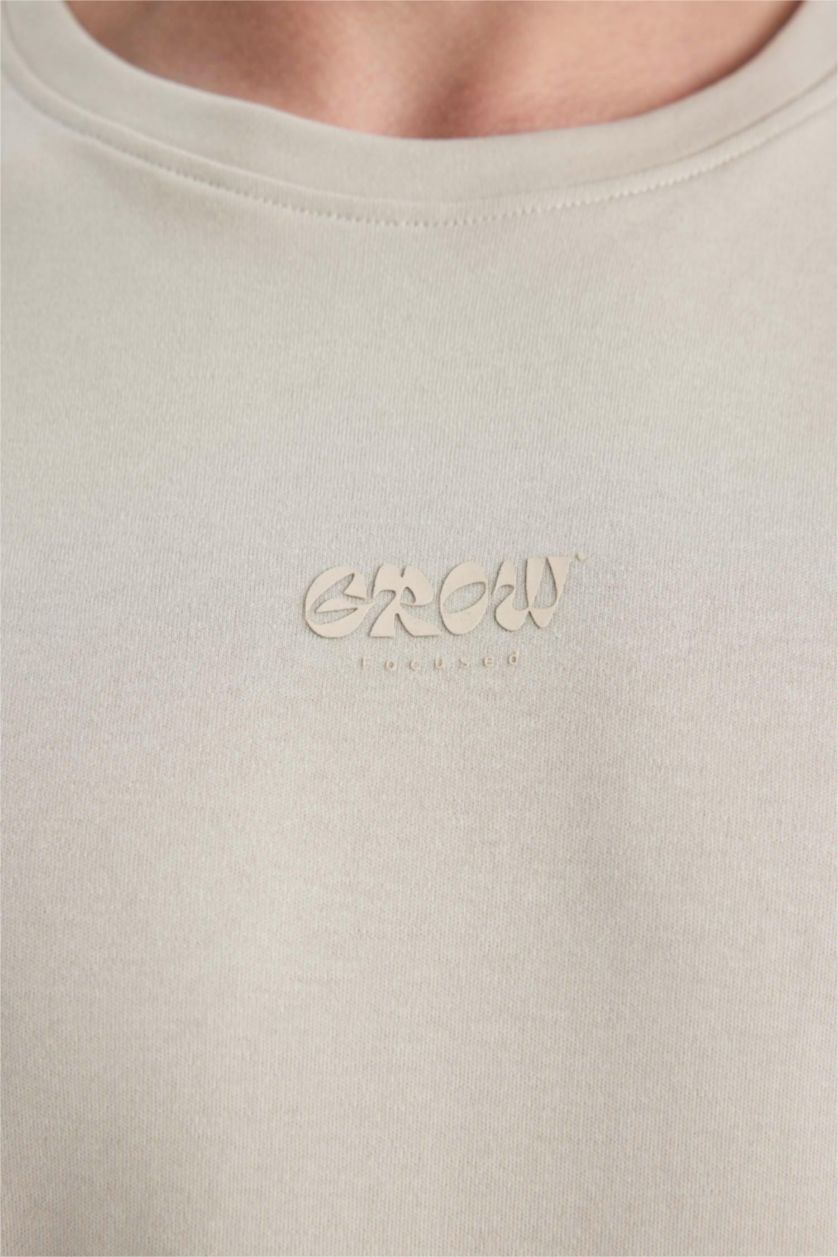 رجال اللون الحجري تيشيرت مطبوع قصة مريحة بياخة مستديرة