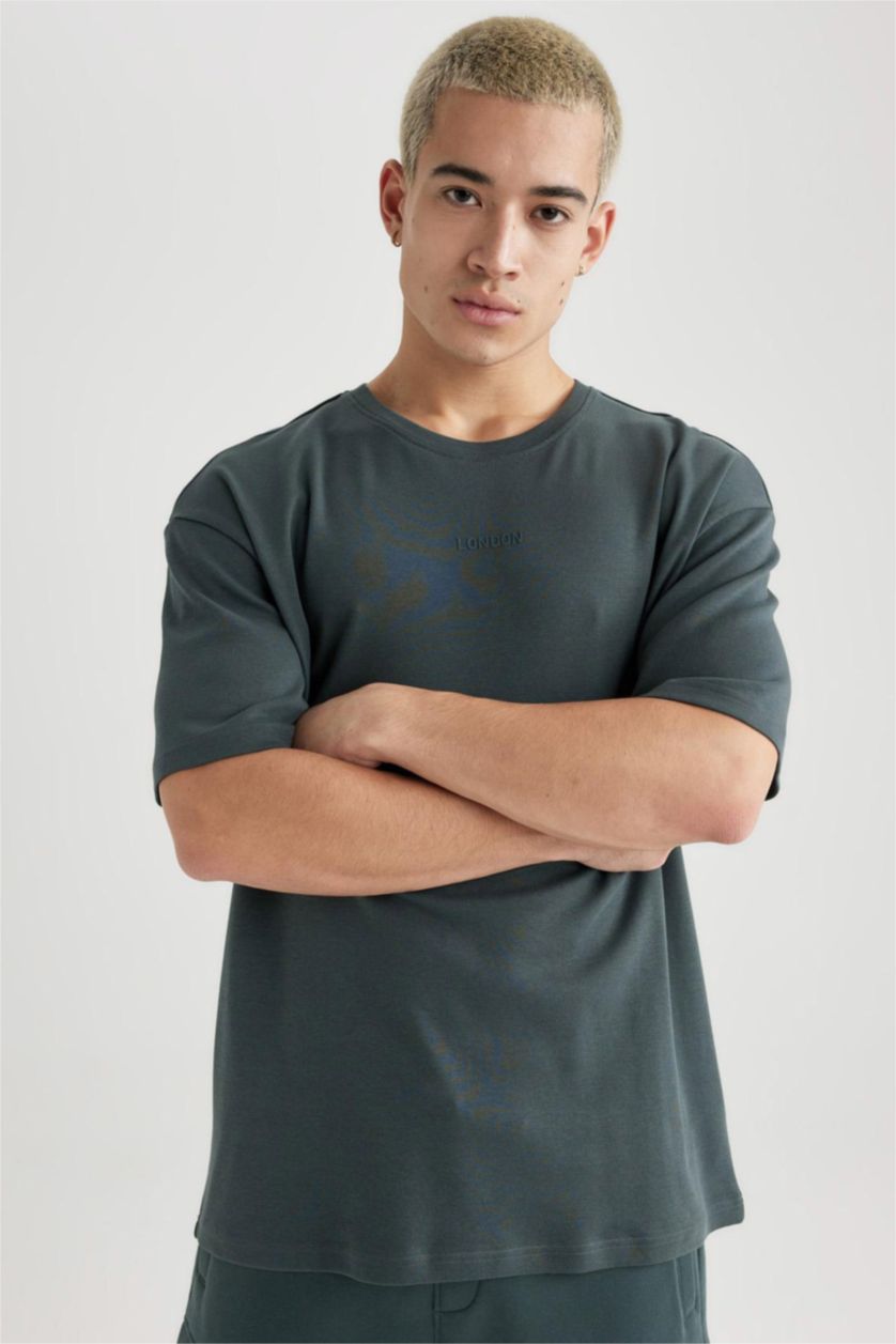 Erkek Koyu Yeşil Comfort Regular Fit Rahat Kalıp Bisiklet Yaka Baskılı Kısa Kollu Ağır Kumaş Tişört