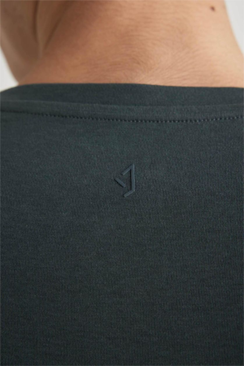 Erkek Koyu Yeşil Comfort Regular Fit Rahat Kalıp Bisiklet Yaka Baskılı Kısa Kollu Ağır Kumaş Tişört