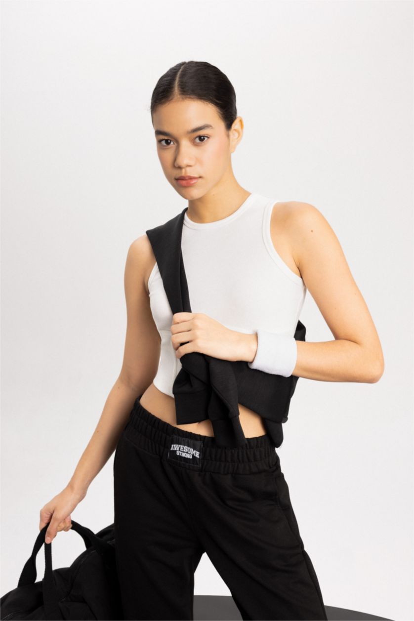 WOMAN Violet Beyaz DeFactoFit Slim Fit White Ribbed Sports Crop Top