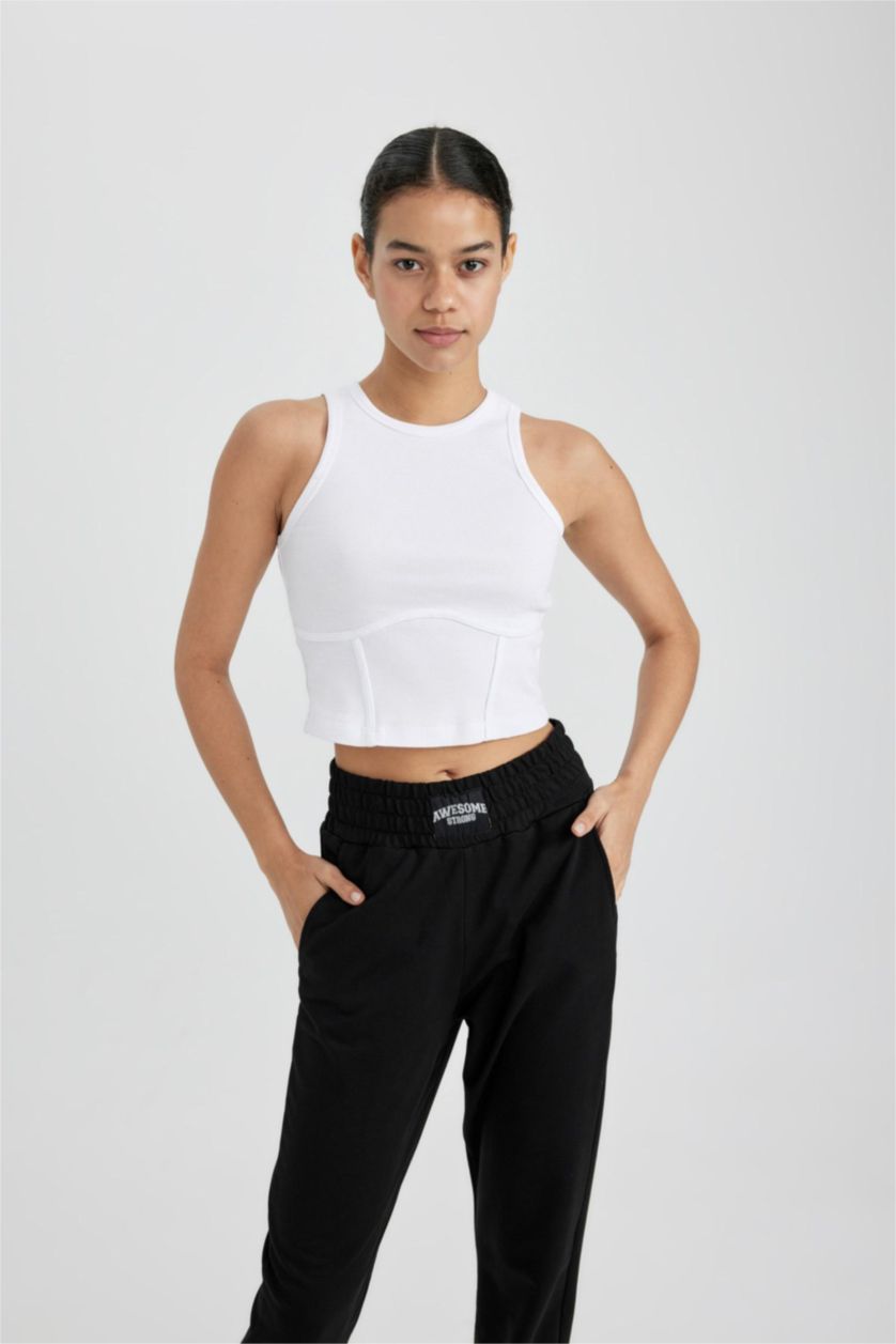 WOMAN Violet Beyaz DeFactoFit Slim Fit White Ribbed Sports Crop Top