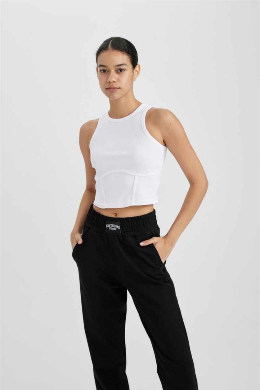 WOMAN Violet Beyaz DeFactoFit Slim Fit White Ribbed Sports Crop Top