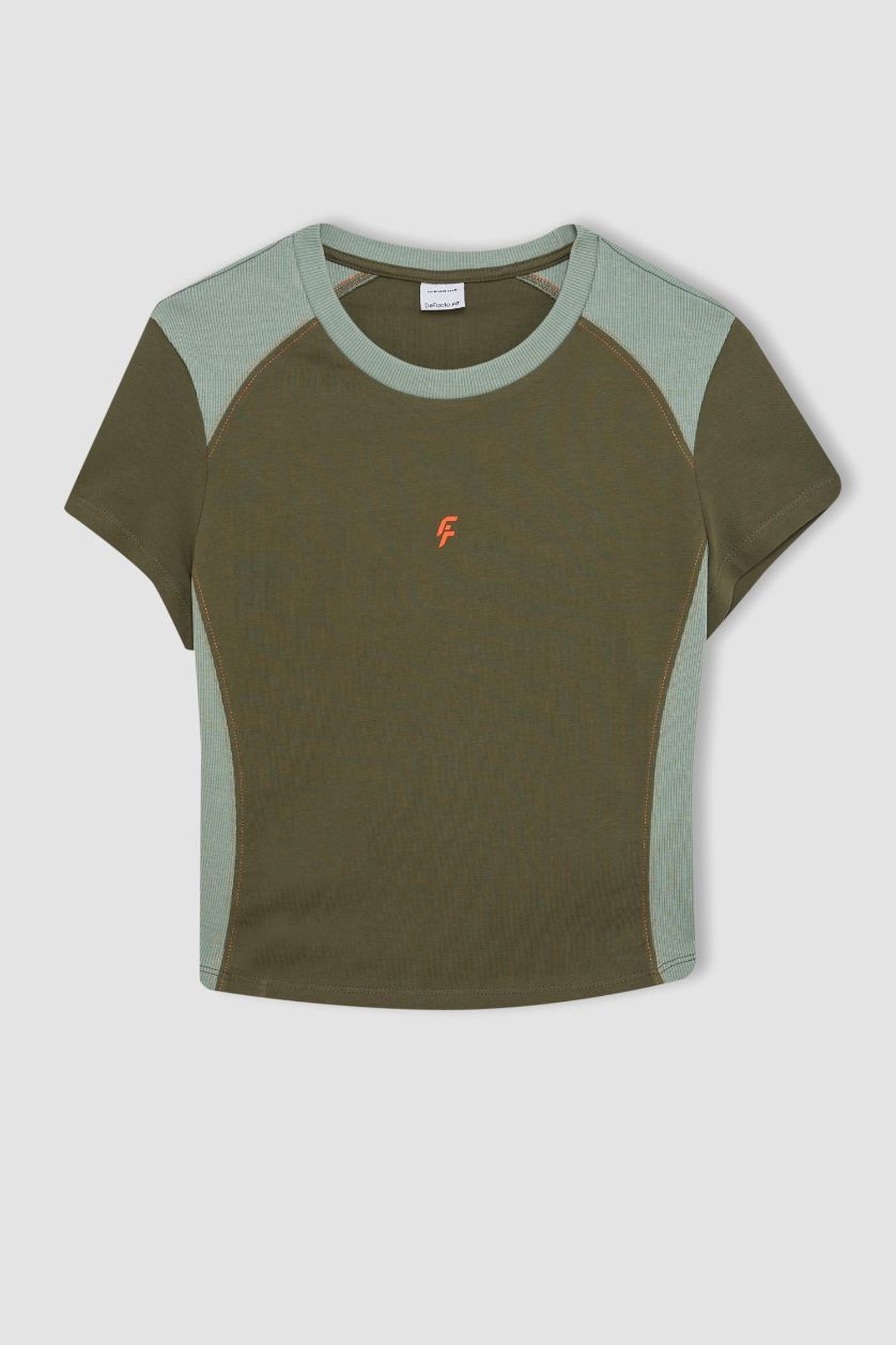 نساء كاكي تيشيرت رياضي نص كم جيرسي قصة عادية من DeFactoFit