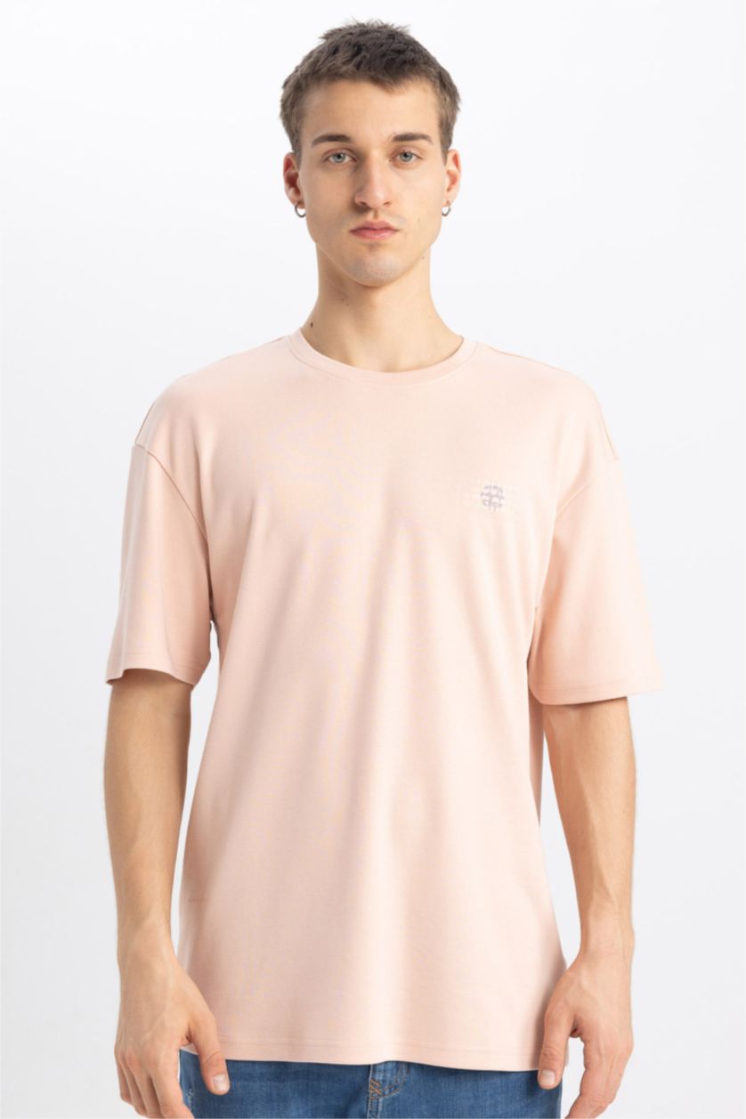 Erkek Açık Pembe Comfort Regular Fit Rahat Kalıp Bisiklet Yaka Baskılı Kısa Kollu Ağır Kumaş Tişört