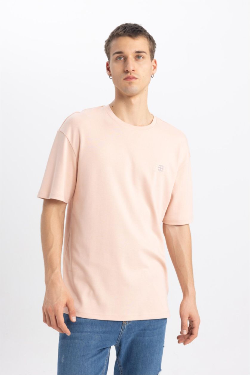 Erkek Açık Pembe Comfort Regular Fit Rahat Kalıp Bisiklet Yaka Baskılı Kısa Kollu Ağır Kumaş Tişört