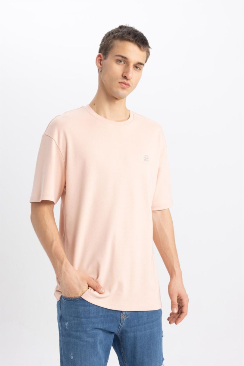 Erkek Açık Pembe Comfort Regular Fit Rahat Kalıp Bisiklet Yaka Baskılı Kısa Kollu Ağır Kumaş Tişört