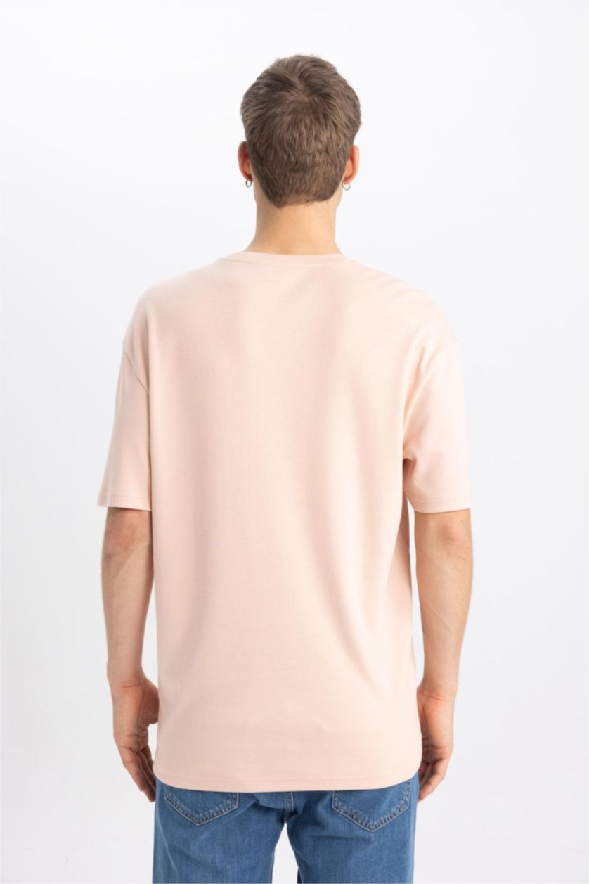 Erkek Açık Pembe Comfort Regular Fit Rahat Kalıp Bisiklet Yaka Baskılı Kısa Kollu Ağır Kumaş Tişört