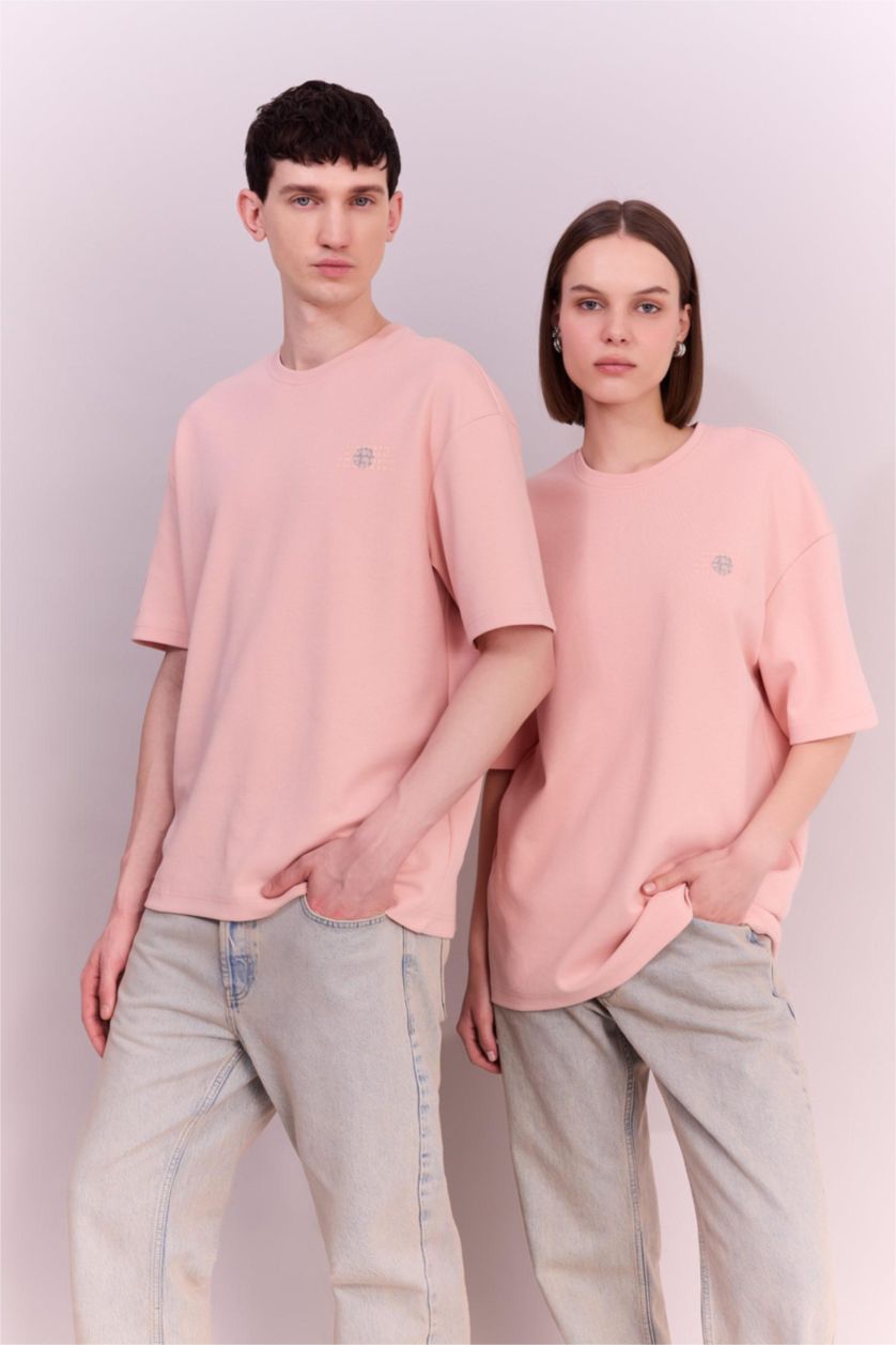 Erkek Açık Pembe Comfort Regular Fit Rahat Kalıp Bisiklet Yaka Baskılı Kısa Kollu Ağır Kumaş Tişört