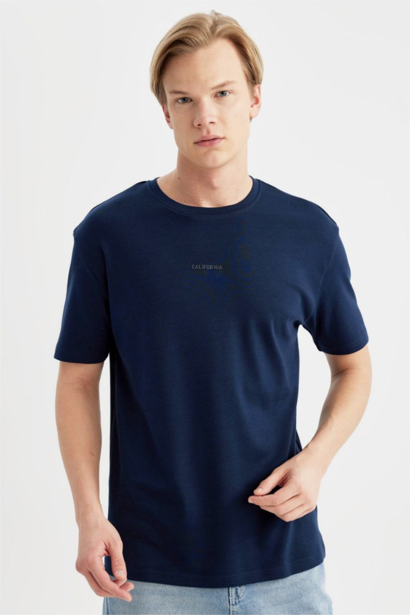 Erkek Lacivert Regular Fit Bisiklet Yaka Baskılı Kısa Kollu Ağır Kumaş Tişört