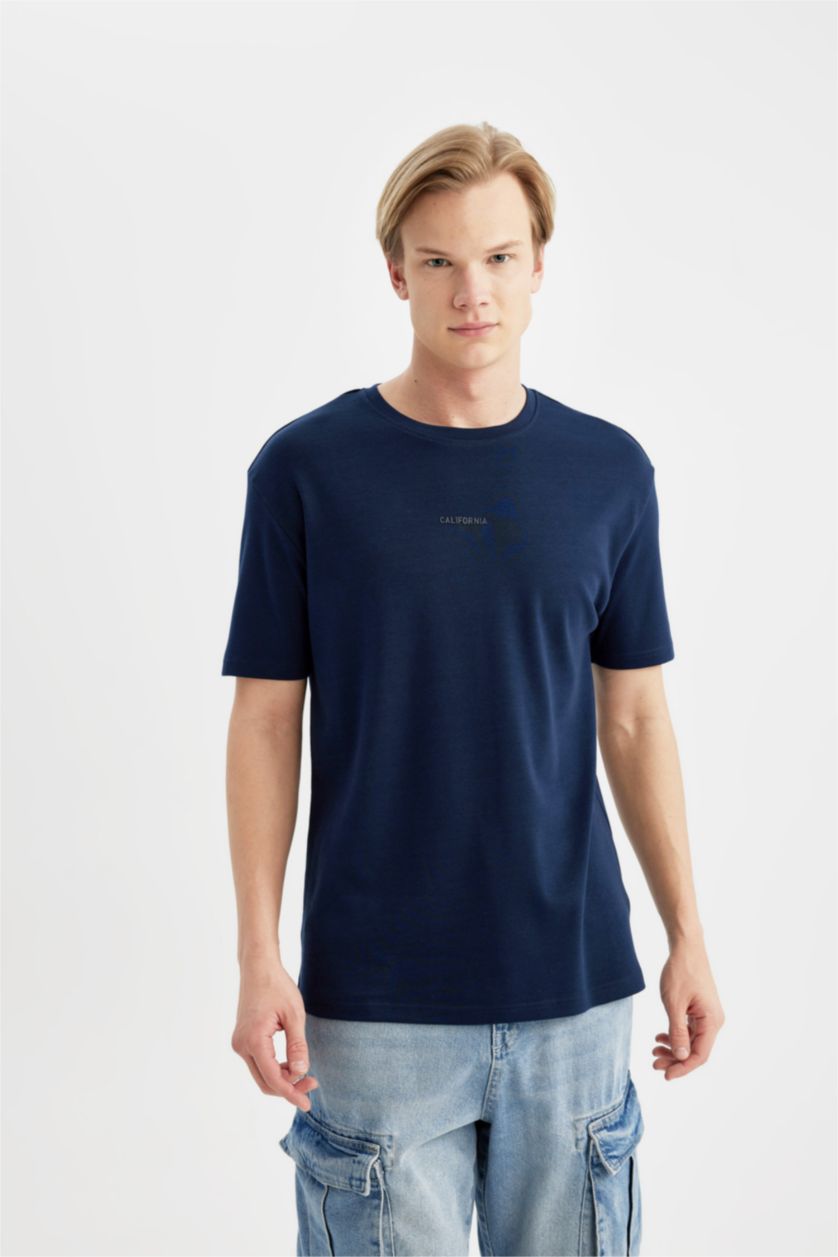 Erkek Lacivert Regular Fit Bisiklet Yaka Baskılı Kısa Kollu Ağır Kumaş Tişört