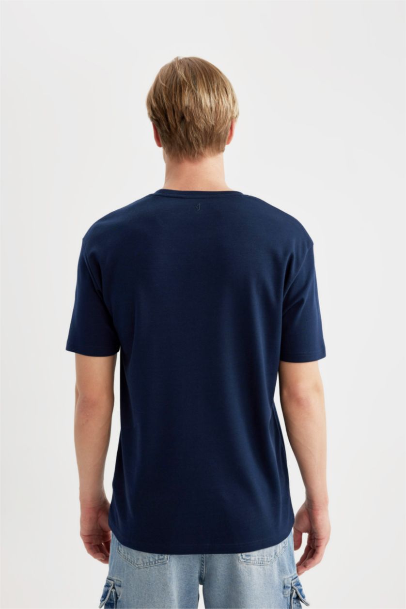 Erkek Lacivert Regular Fit Bisiklet Yaka Baskılı Kısa Kollu Ağır Kumaş Tişört
