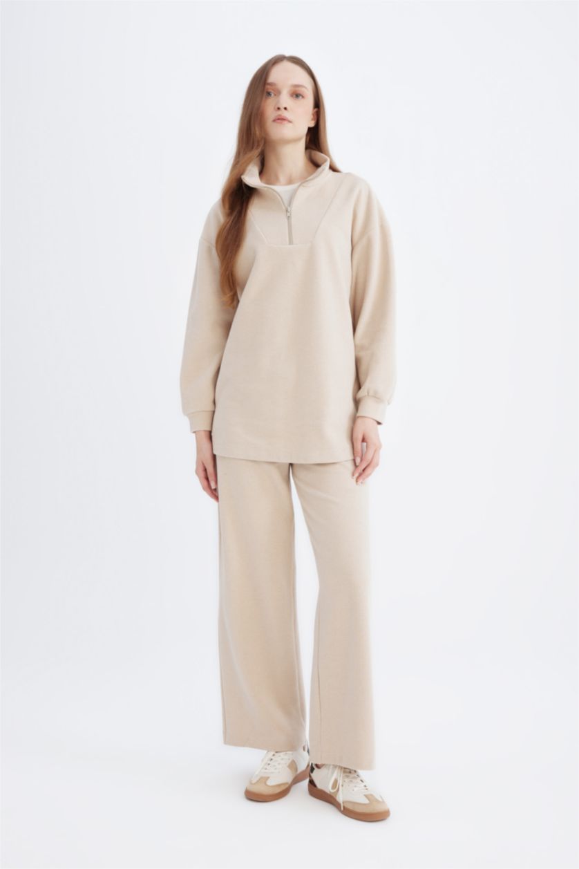 Kadın Bej Regular Fıt Selanik Kumaş Uzun Kollu Tunik