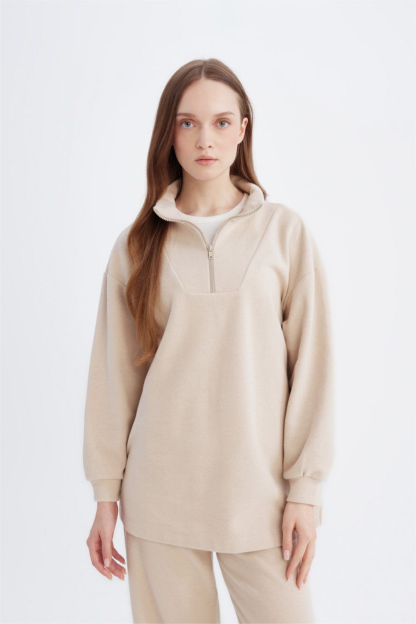 Kadın Bej Regular Fıt Selanik Kumaş Uzun Kollu Tunik