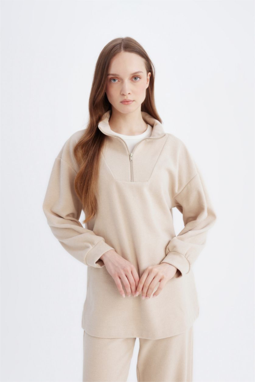 Kadın Bej Regular Fıt Selanik Kumaş Uzun Kollu Tunik