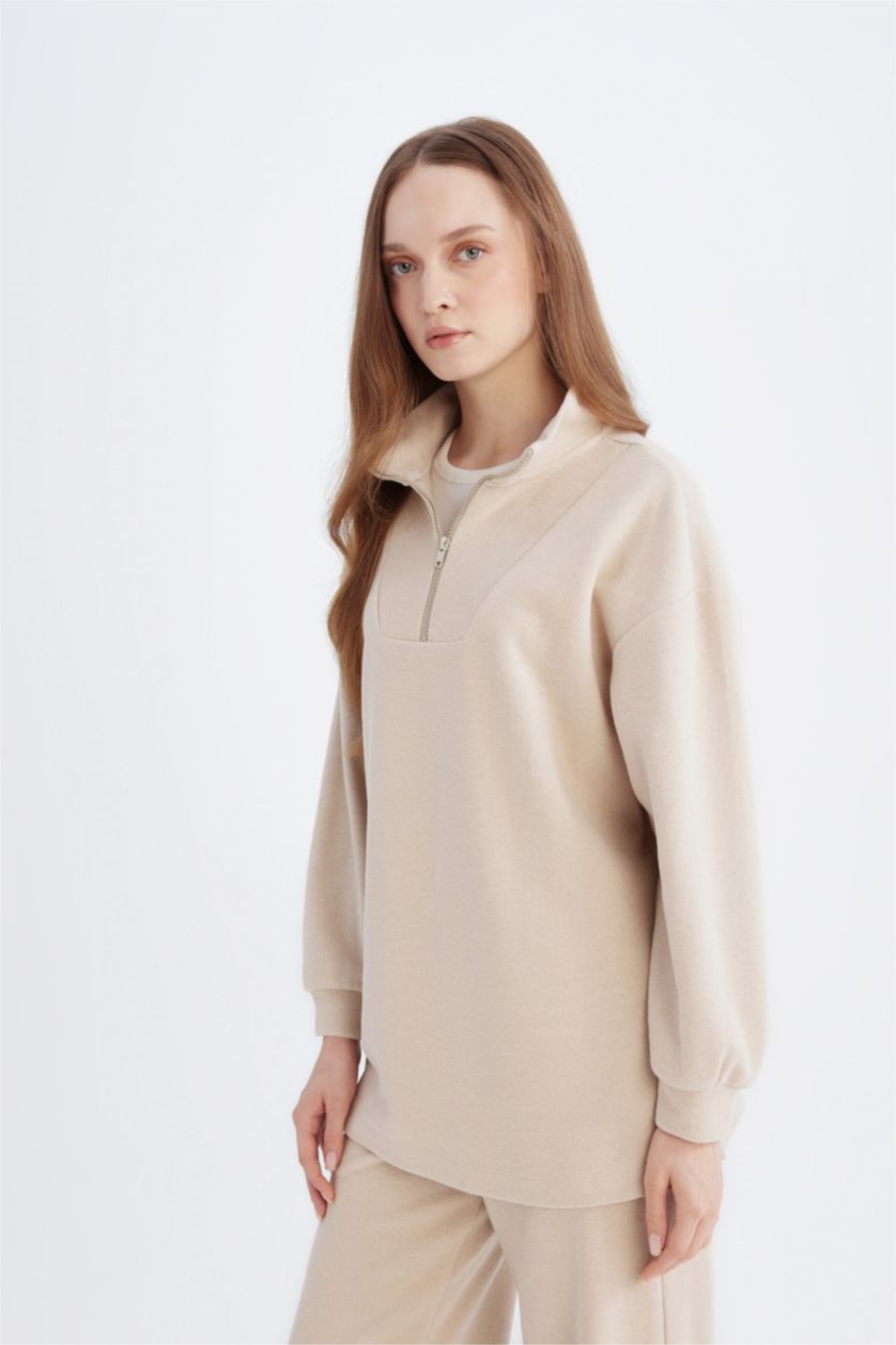 Kadın Bej Regular Fıt Selanik Kumaş Uzun Kollu Tunik