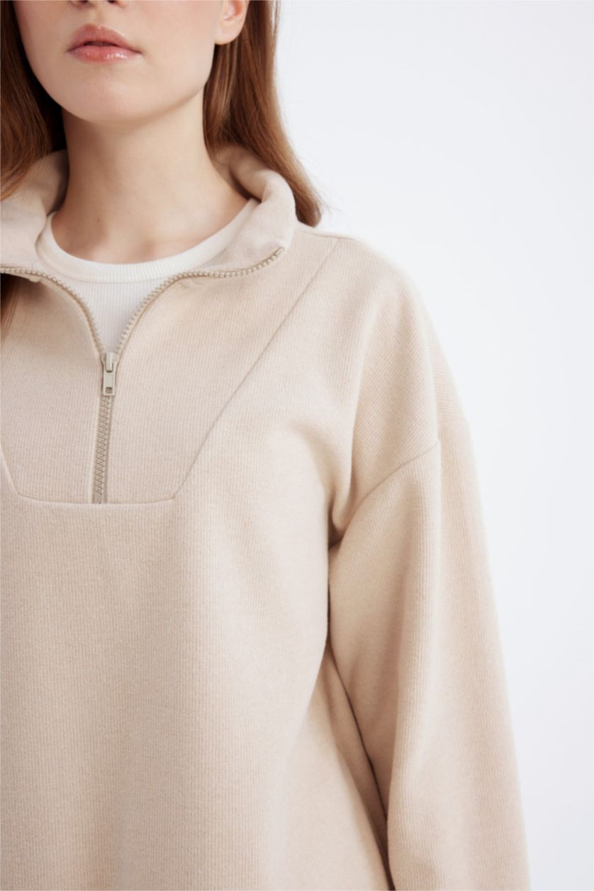 Kadın Bej Regular Fıt Selanik Kumaş Uzun Kollu Tunik