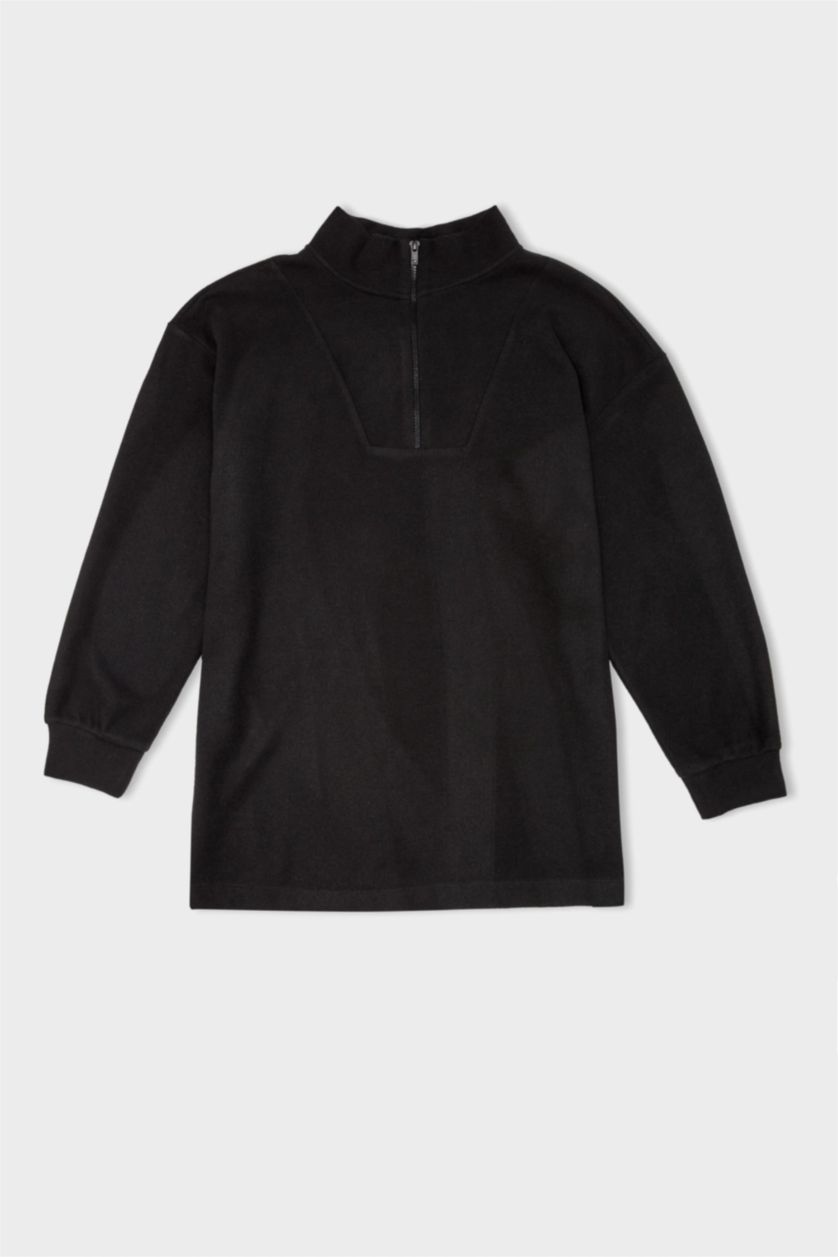 حريمي أسود سويت شيرت طويل قصة عادية بياقة نص سوسته