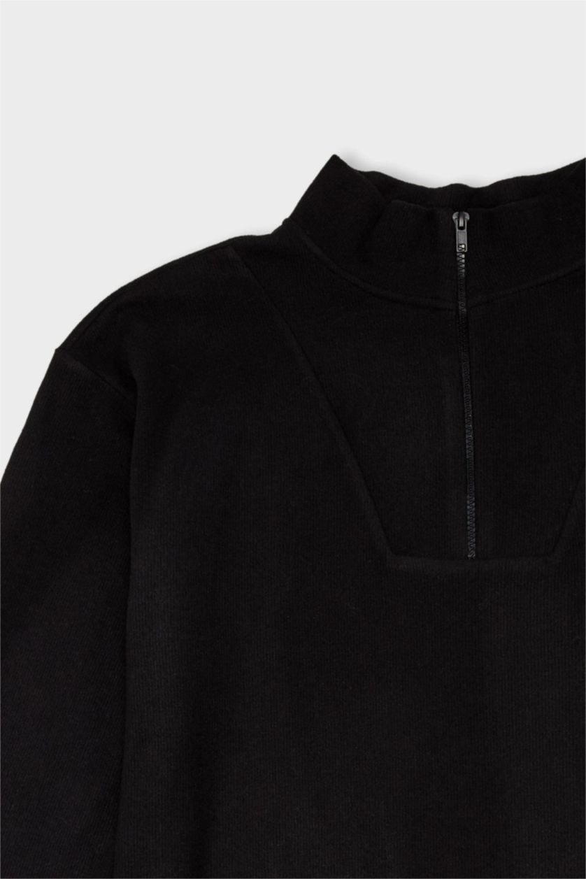 حريمي أسود سويت شيرت طويل قصة عادية بياقة نص سوسته