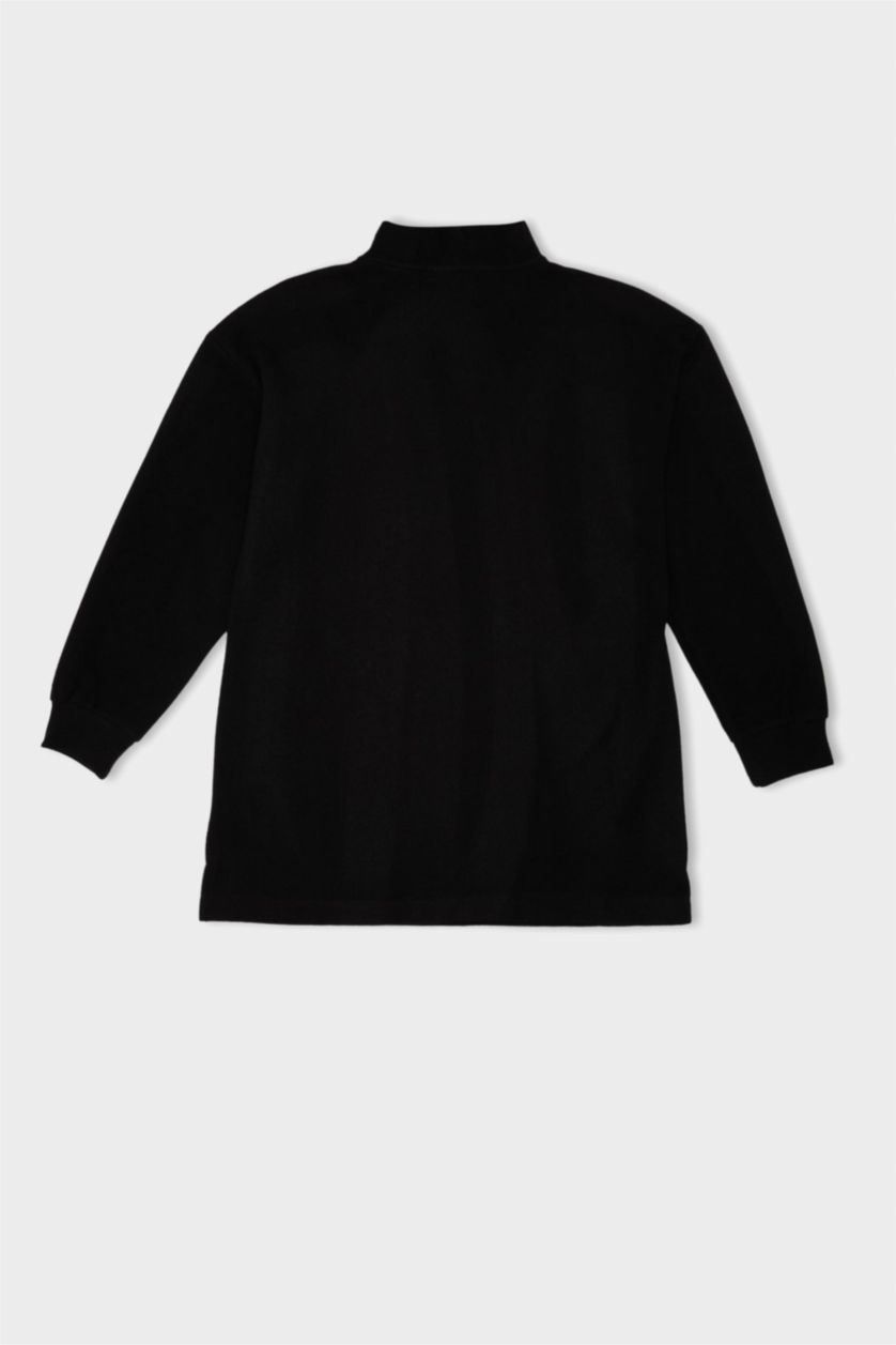 حريمي أسود سويت شيرت طويل قصة عادية بياقة نص سوسته