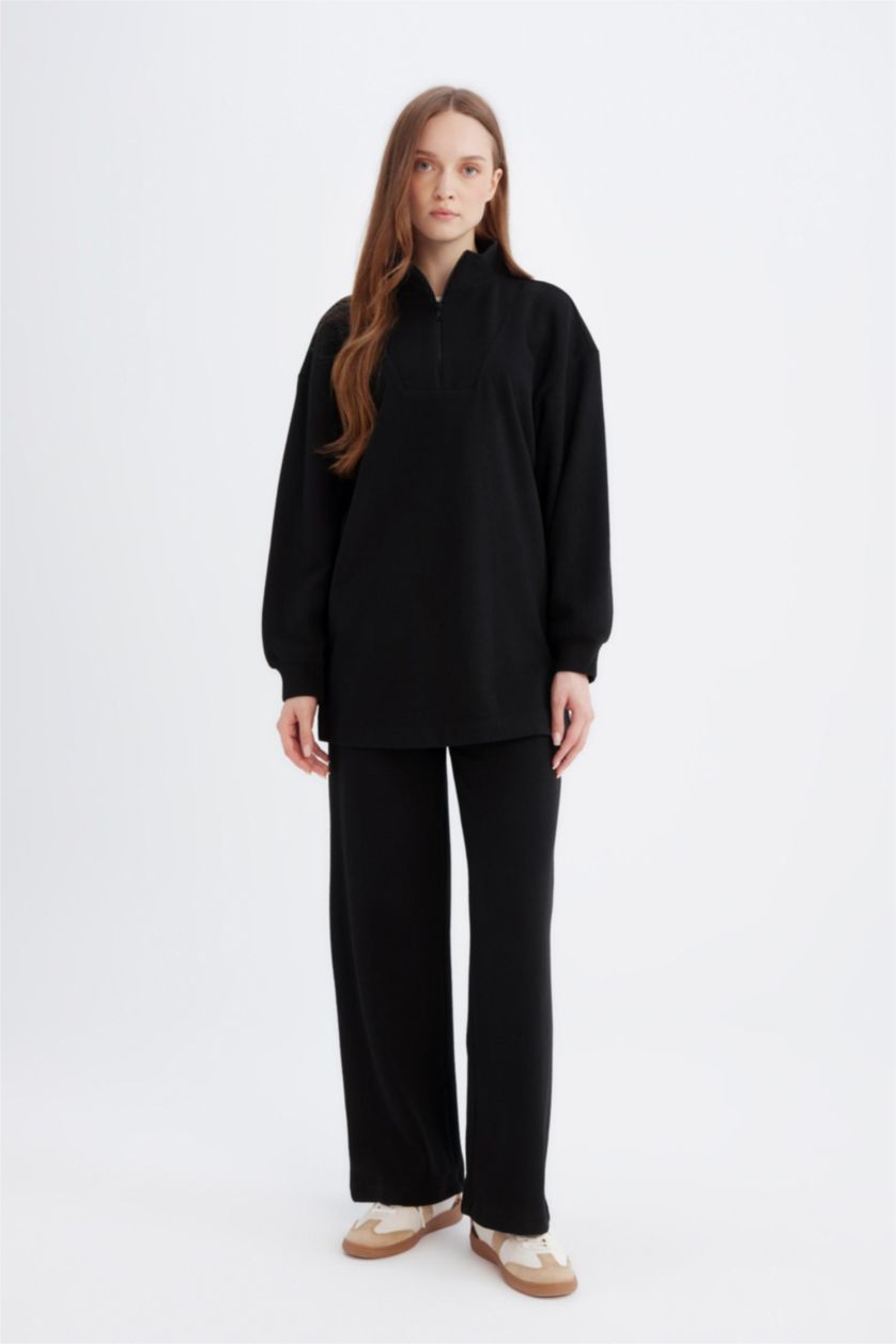 Kadın Siyah Relax Fit Beli Lastikli Selanik Kumaş Basic Düz Triko Siyah Pantolon