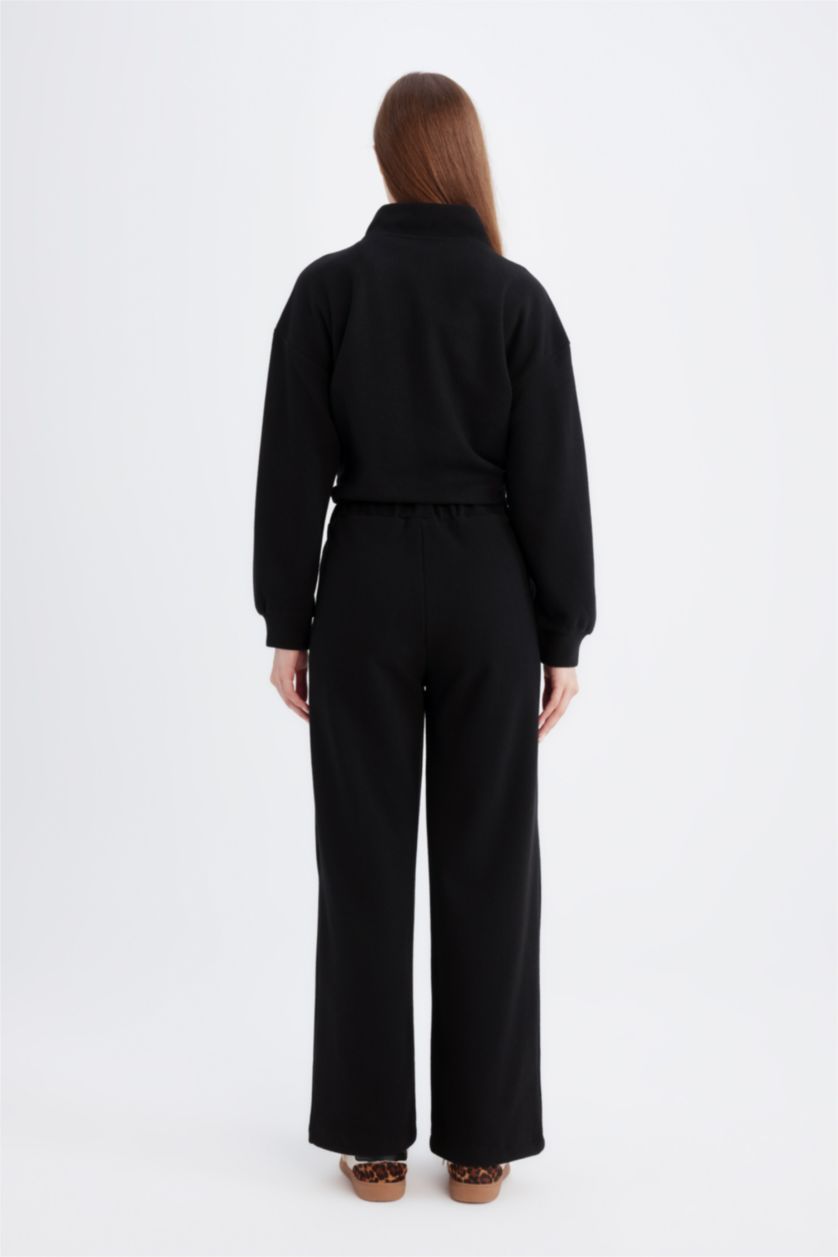 Kadın Siyah Relax Fit Beli Lastikli Selanik Kumaş Basic Düz Triko Siyah Pantolon