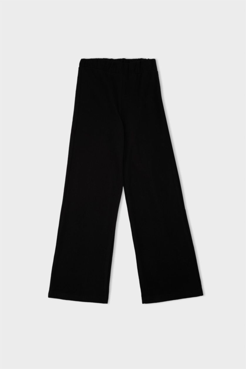 Kadın Siyah Relax Fit Beli Lastikli Selanik Kumaş Basic Düz Triko Siyah Pantolon