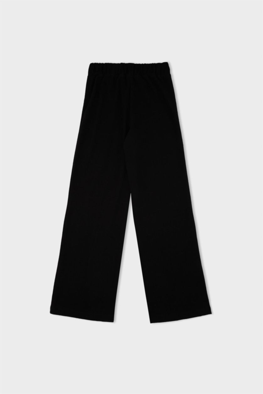 Kadın Siyah Relax Fit Beli Lastikli Selanik Kumaş Basic Düz Triko Siyah Pantolon