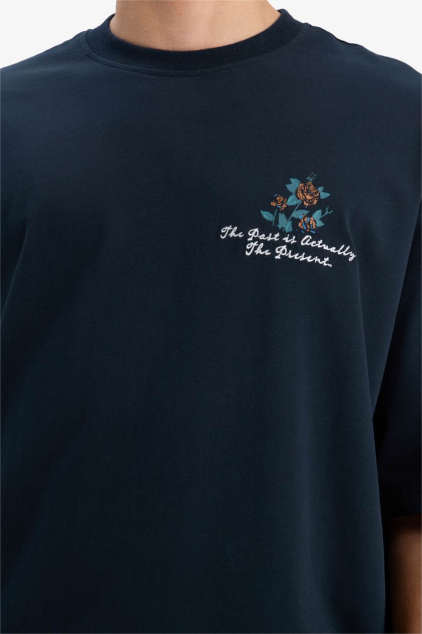 Erkek Lacivert %100 Pamuk Loose Fit Bisiklet Yaka Sırt Baskılı Kısa Kollu Tişört