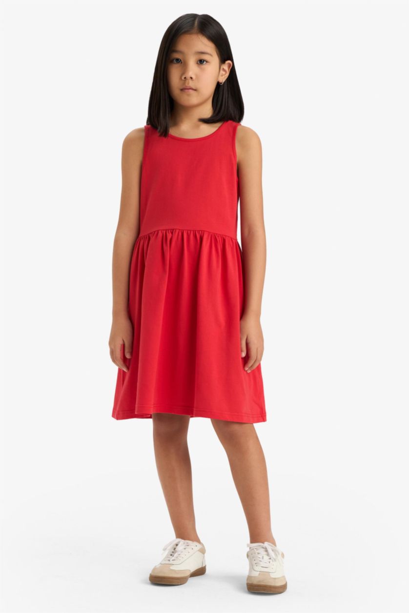 Kız Çocuk - Genç Kız Kırmızı Bisiklet Yaka Basic Düz Kolsuz Yazlık Elbise Kız Çocuk
