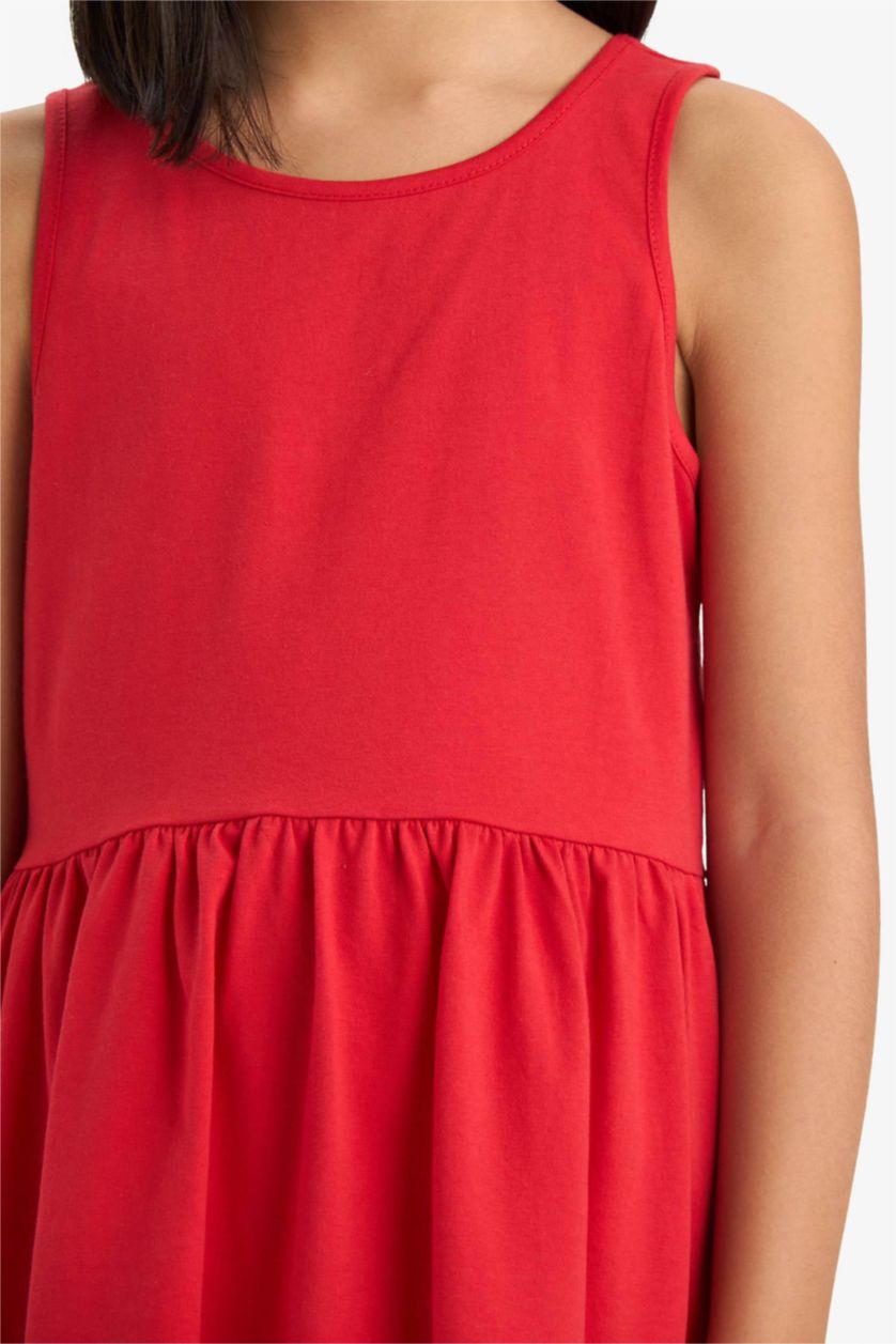 Kız Çocuk - Genç Kız Kırmızı Bisiklet Yaka Basic Düz Kolsuz Yazlık Elbise Kız Çocuk