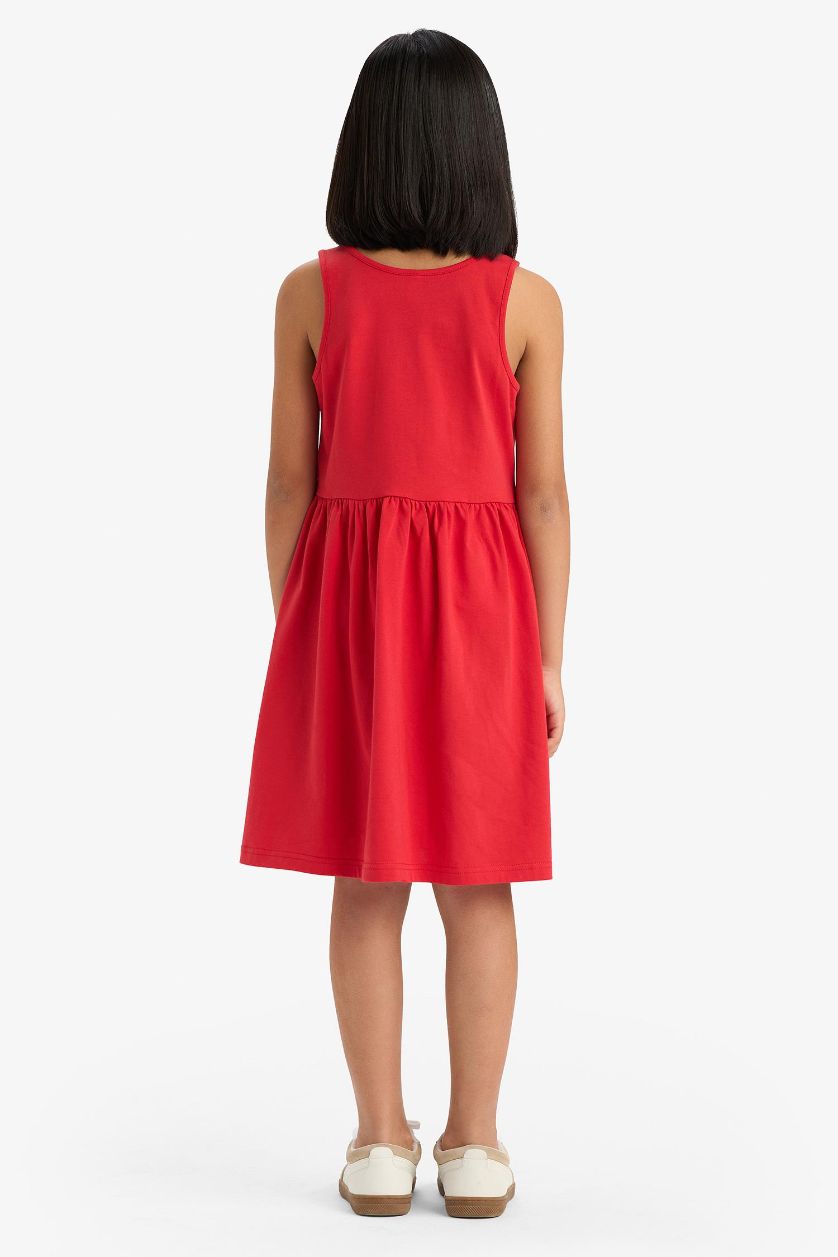 Kız Çocuk - Genç Kız Kırmızı Bisiklet Yaka Basic Düz Kolsuz Yazlık Elbise Kız Çocuk
