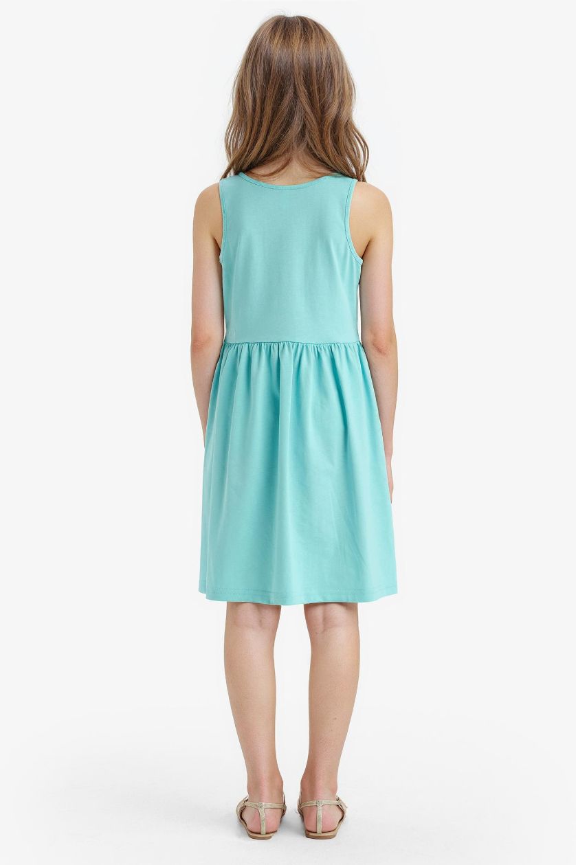 Kız Çocuk - Genç Kız Deniz Mavisi Bisiklet Yaka Basic Düz Kolsuz Yazlık Elbise Kız Çocuk