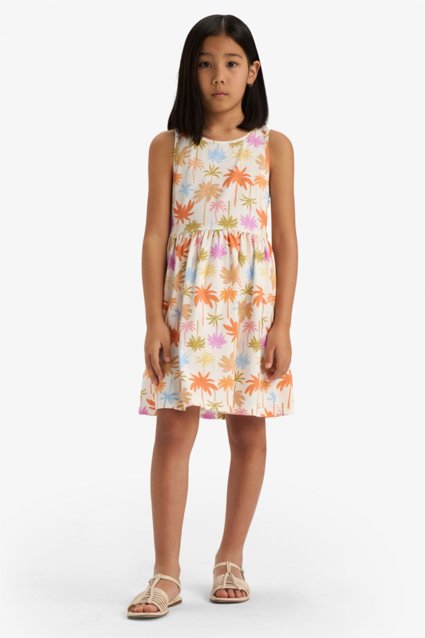 Kız Çocuk - Genç Kız Ekru Bisiklet Yaka Çiçek Desenli Kolsuz Yazlık Elbise Kız Çocuk