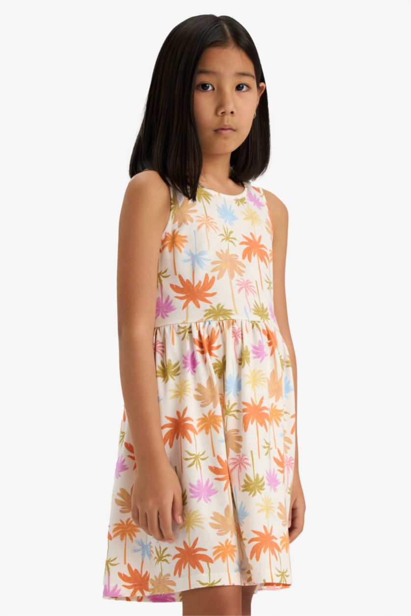 Kız Çocuk - Genç Kız Ekru Bisiklet Yaka Çiçek Desenli Kolsuz Yazlık Elbise Kız Çocuk