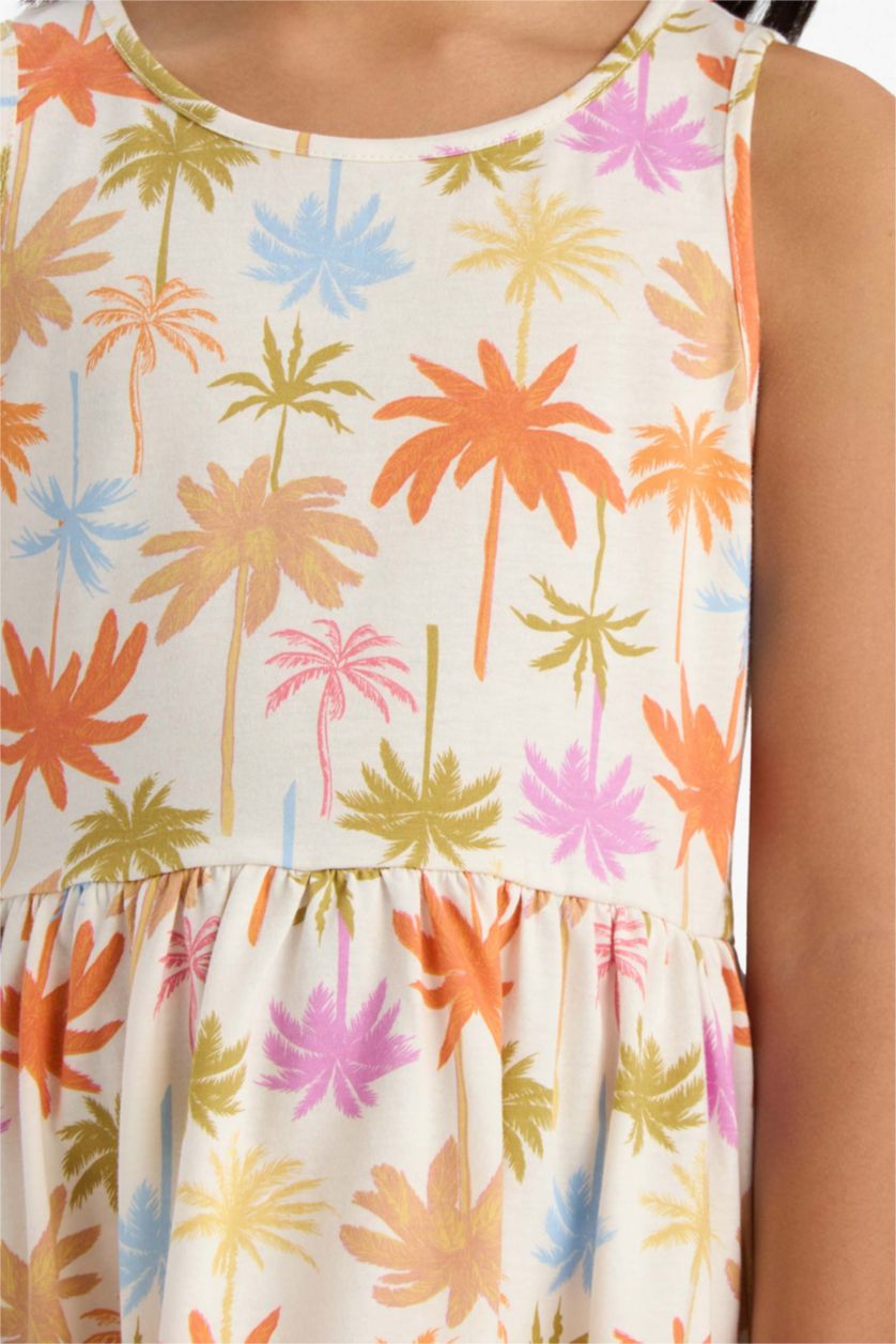 Kız Çocuk - Genç Kız Ekru Bisiklet Yaka Çiçek Desenli Kolsuz Yazlık Elbise Kız Çocuk