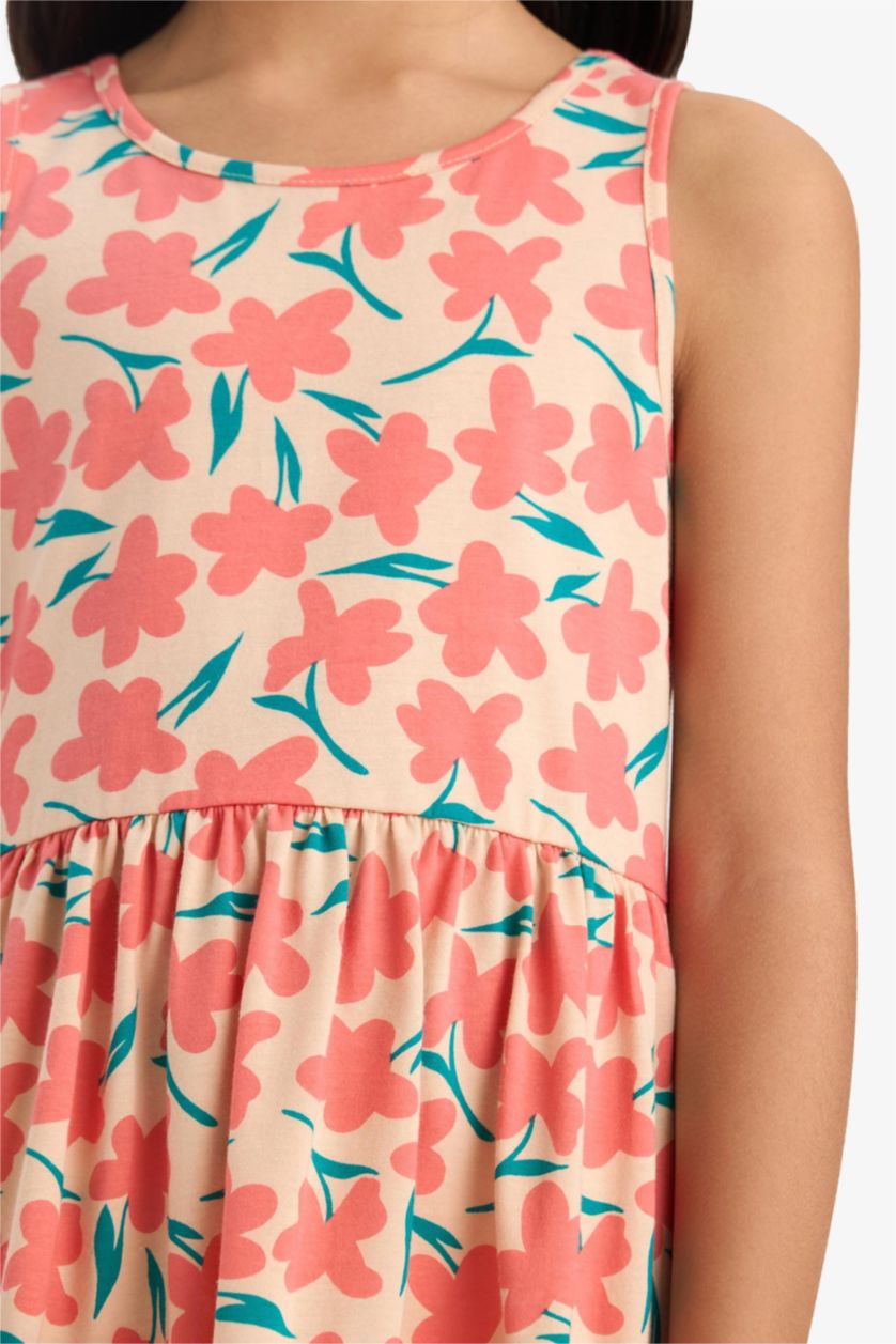 Kız Çocuk - Genç Kız Somon Bisiklet Yaka Çiçek Desenli Kolsuz Yazlık Elbise Kız Çocuk