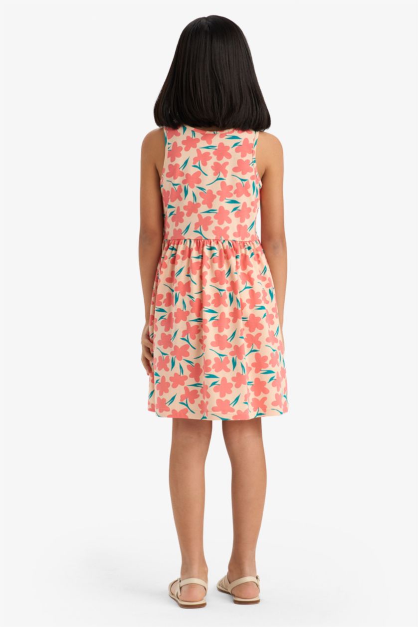 Kız Çocuk - Genç Kız Somon Bisiklet Yaka Çiçek Desenli Kolsuz Yazlık Elbise Kız Çocuk