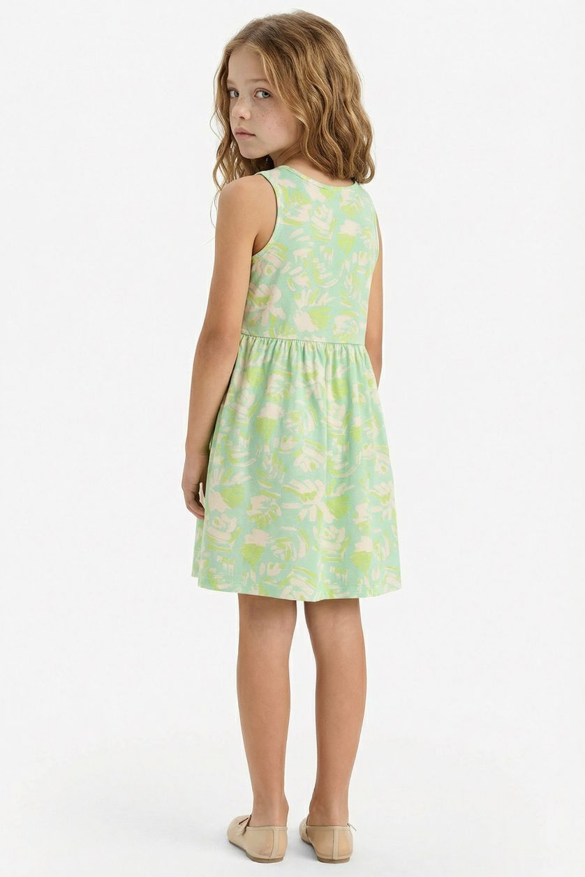 Kız Çocuk - Genç Kız Deniz Mavisi Bisiklet Yaka Desenli Kolsuz Yazlık Elbise Kız Çocuk