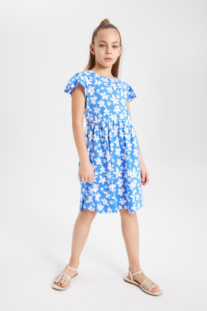 Kız Çocuk - Genç Kız Mavi Kız Çocuk Çiçekli Kısa Kollu Elbise
