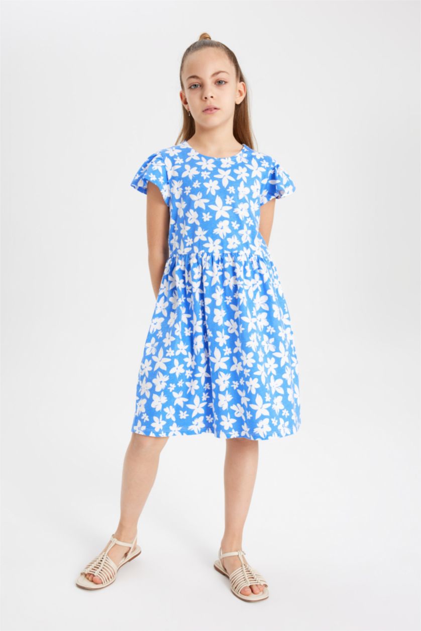 Kız Çocuk - Genç Kız Mavi Kız Çocuk Çiçekli Kısa Kollu Elbise